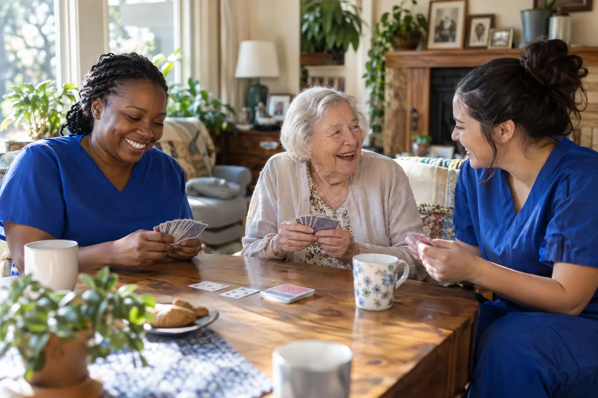 AI-generated illustration of two caregivers in blue scrubs playing cards with an older adult in a residential living room