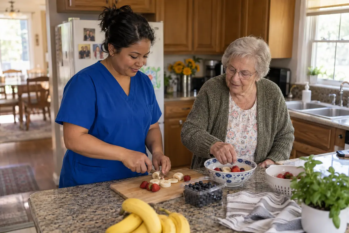 AI-generated illustration of a caregiver in blue scrubs preparing fruit with an older adult in a home kitchen