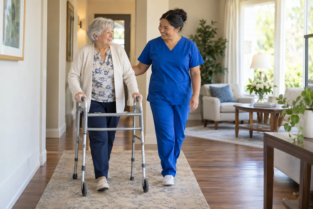 AI-generated illustration of a caregiver in blue scrubs walking beside an older adult using a walker inside a home